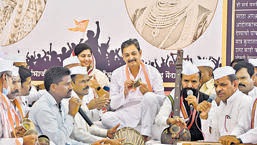 Mumbai, India - February 28, 2022: Rajya Sabha MP and Maratha leader Chhatrapati Sambhajiraje on the third day of an indefinite hunger strike at Azad Maidan demanding Maratha quota and the fulfilment of various demands of the community, in Mumbai, India, on Monday, February 28, 2021. (Photo by Bhushan Koyande/ HT Photo) (HT PHOTO)