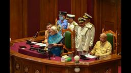 Uttar Pradesh governor Anandiben Patel addresses a joint session of both Houses of the state during the Budget session of UP Assembly, at Vidhan Bhawan in Lucknow, Monday. (PTI Photo)