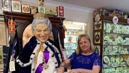 British royal family memorabilia collector Jan Hugo stands near a life size figure of Queen Elizabeth II surrounded by her collection that boosts over 10,000 pieces and is Australia’s largest collection of royal memorabilia, in Nulkaba, Australia May 4, 2022.&nbsp;