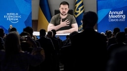 Ukrainian President Volodymyr Zelenskyy addresses by videolink the opening plenary session, during the 51st annual meeting of the World Economic Forum, WEF, in Davos, Switzerland, on Monday.