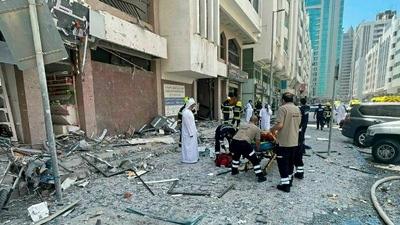In this photo released by the Abu Dhabi Police, debris covers the street after an explosion in the Khalidiya district of Abu Dhabi, United Arab Emirates, Monday.&nbsp; (AP)