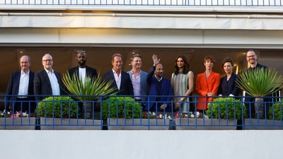 Cannes 2022: Deepika Padukone with Rebecca Hall, Noomi Rapace, Jasmine Trinca, Asghar Farhadi, Ladj Ly, Jeff Nichols and Joachim Trier, Cannes Film festival General Delegate Thierry Fremaux and Cannes Film festival President Pierre Lescure. (REUTERS)