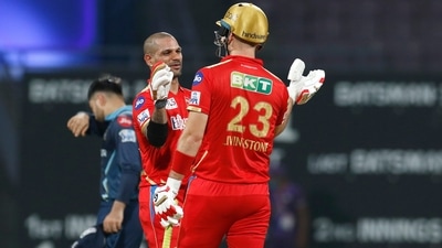 Shikhar Dhawan and Liam Livingstone of Punjab Kings celebrate their win against Gujarat Titans. (IPL) Shikhar Dhawan and Liam Livingstone of Punjab Kings celebrate their win against Gujarat Titans. (IPL)