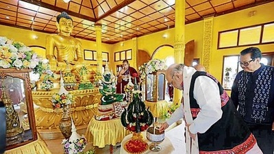 Home minister Amit Shah visits Golden Pagoda in Namsai. PTI Home minister Amit Shah visits Golden Pagoda in Namsai. PTI