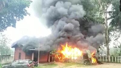 On Saturday, nearly 40 people, mostly from Salonabari in Assam, had set an old building of the police station ablaze following the death of a fish trader from the area, allegedly in police custody. (ANI PHOTO.) On Saturday, nearly 40 people, mostly from Salonabari in Assam, had set an old building of the police station ablaze following the death of a fish trader from the area, allegedly in police custody. (ANI PHOTO.)