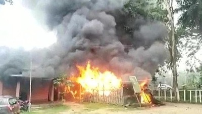 On Saturday, nearly 40 people, mostly from Salonabari in Assam, had set an old building of the police station ablaze following the death of a fish trader from the area, allegedly in police custody. (ANI PHOTO.) On Saturday, nearly 40 people, mostly from Salonabari in Assam, had set an old building of the police station ablaze following the death of a fish trader from the area, allegedly in police custody. (ANI PHOTO.)