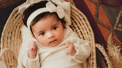 Aditya Narayan and Shweta Agarwal's daughter Tvisha's first picture on Instagram. Aditya Narayan and Shweta Agarwal's daughter Tvisha's first picture on Instagram.