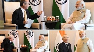 (Clockwise from top) Prime Minister Narendra Modi with Softbank founder Masayoshi Son, Fast Retailing Co Ltd CEO Tadashi Yanai and Suzuki Motor Corp. senior advisor Osamu Suzuki. (Twitter Photo/ MEA) (Clockwise from top) Prime Minister Narendra Modi with Softbank founder Masayoshi Son, Fast Retailing Co Ltd CEO Tadashi Yanai and Suzuki Motor Corp. senior advisor Osamu Suzuki. (Twitter Photo/ MEA)