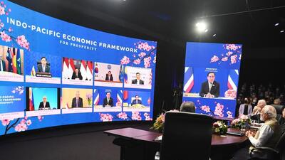 Prime Minister Narendra Modi (extreme right) at the Indo-Pacific Economic Forum meet in Japan on Monday. (TWITTER PHOTO/ MEA) Prime Minister Narendra Modi (extreme right) at the Indo-Pacific Economic Forum meet in Japan on Monday. (TWITTER PHOTO/ MEA)