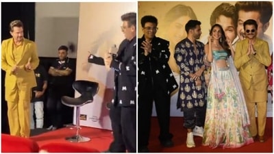 Anil Kapoor, Karan Johar, Varun Dhawan, and Kiara Advani at the trailer launch of JugJugg Jeeyo. Anil Kapoor, Karan Johar, Varun Dhawan, and Kiara Advani at the trailer launch of JugJugg Jeeyo.