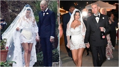Kourtney teamed the mini wedding outfit with a long veil, tulle gloves and white lace pumps. The veil features floral lace appliqués inspired by the flowers of the Portofino gardens, the Virgin Mary, and her husband Travis' tattoo. The designers meant to emphasize femininity with the wedding look. (Instagram) Kourtney teamed the mini wedding outfit with a long veil, tulle gloves and white lace pumps. The veil features floral lace appliqués inspired by the flowers of the Portofino gardens, the Virgin Mary, and her husband Travis' tattoo. The designers meant to emphasize femininity with the wedding look. (Instagram)