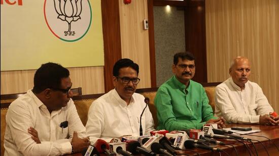 BJP leaders at a press conference in Lucknow on Monday. (HT PHOTO)