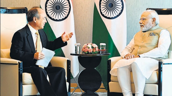 Tokyo, May 23 (ANI): Prime Minister Narendra Modi meeting the President/CEO, Softbank Group Corp., Masayoshi Son, in Tokyo on Monday. (ANI Photo/PIB) (ANI/PIB)
