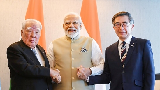 Prime Minister Narendra Modi with Suzuki Motor Corporation adviser Osamu Suzuki during a meeting in Tokyo.&nbsp;