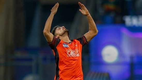 Umran Malik of the Sunrisers Hyderabad celebrates the wicket of Hardik Pandya (PTI) Umran Malik of the Sunrisers Hyderabad celebrates the wicket of Hardik Pandya (PTI)
