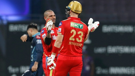 Shikhar Dhawan and Liam Livingstone of Punjab Kings celebrate their win against Gujarat Titans.(IPL) Shikhar Dhawan and Liam Livingstone of Punjab Kings celebrate their win against Gujarat Titans.(IPL)