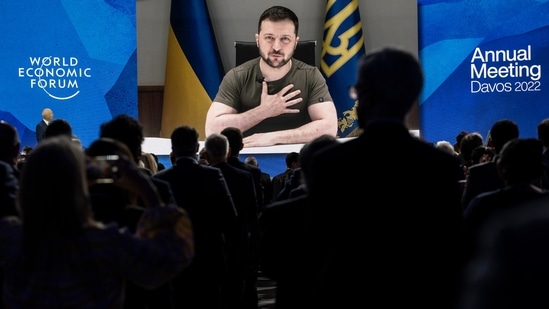Ukrainian President Volodymyr Zelenskyy addresses by videolink the opening plenary session, during the 51st annual meeting of the World Economic Forum, WEF, in Davos, Switzerland, on Monday.(AP) Ukrainian President Volodymyr Zelenskyy addresses by videolink the opening plenary session, during the 51st annual meeting of the World Economic Forum, WEF, in Davos, Switzerland, on Monday.(AP)