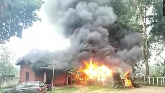 On Saturday, nearly 40 people, mostly from Salonabari in Assam, had set an old building of the police station ablaze following the death of a fish trader from the area, allegedly in police custody. (ANI PHOTO.)