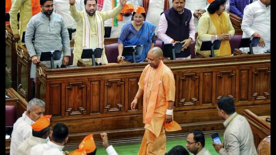Uttar Pradesh chief minister Yogi Adityanath arrives to attend the first session of the 18th UP Assembly, at Vidhan Bhawan, in Lucknow on Monday. (ANI Photo)