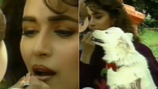 Madhuri Dixit's stills from the sets of Hum Aapke Hain Koun.