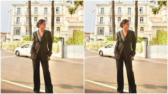 Hina teamed a black blazer with satin collars with a pair of stain black trousers as added glam to French Riviera.(Instagram/@realhinakhan)
