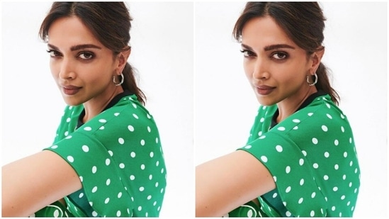 Deepika’s bright green jumpsuit came intricately printed in white circles and loose half sleeves with frills. The jumpsuit also featured a belt detail of the same satin fabric at the waist.(Instagram/@deepikapadukone)