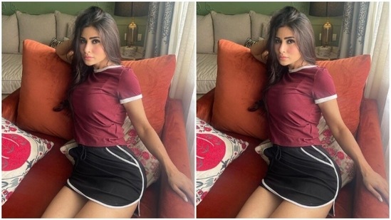 “After shoot Sunday siesta,” Mouni captioned her pictures. She left her tresses open in wavy curls as she posed for the pictures.(Instagram/@imouniroy)