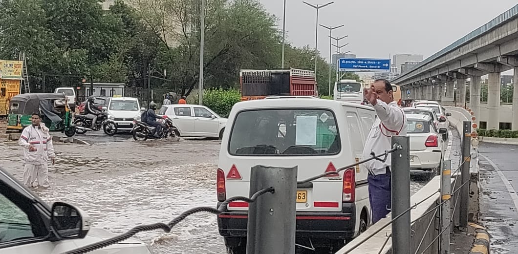 Officials have been helping as commuters stranded in several waterlogged areas, the Gurugram traffic police said. Officials have been helping as commuters stranded in several waterlogged areas, the Gurugram traffic police said.