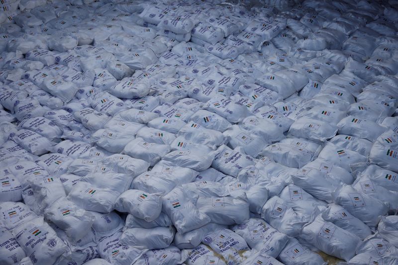Essential supplies of rice, milk and some critically needed medicines are pictured inside a cargo ship, which arrived from India, amid Sri Lanka's economic crisis, at a port in Colombo, on May 22, 2022.&nbsp; (REUTERS)