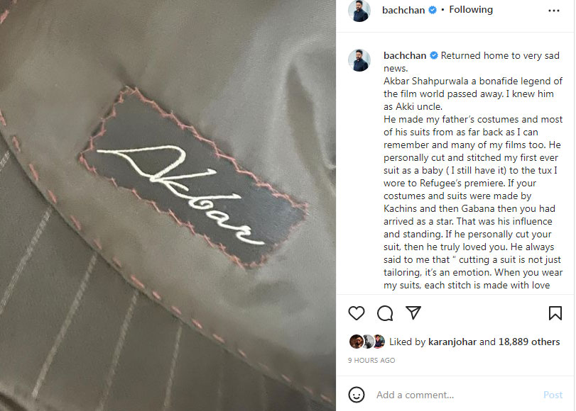 Abhishek Bachchan remembered late suit stylist Akbar Shahpurwala on Instagram.&nbsp;