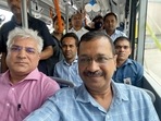 Delhi Chief Minister Arvind Kejriwal with Transport Minister Kailash Gahlot takes a ride in an electric bus after flagging off 150 electric buses, in New Delhi on Tuesday. (Arvind Kejriwal twitter)