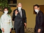 Japanese Prime Minister Fumio Kishida (right) and his wife Yuko Kishida welcome US President Joe Biden at Hoppoen garden for dinner in Tokyo, Japan, on Monday. AP