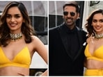 Manushi Chhillar and Akshay Kumar have kickstarted the promotions of their much-anticipated upcoming film Prithviraj. The two actors stepped out in Mumbai yesterday dressed in stunning ensembles for the occasion. While Manushi chose a lehenga and bralette set, Akshay wore a black tuxedo. Pictures and videos of the two stars' outing have gone viral on social media.(HT Photo/Varinder Chawla)