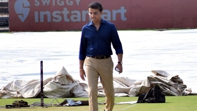 BCCI president Sourav Ganguly inspecting the pitch ahead of the IPL play off match between Gujarat Titans and Rajasthan Royals, at Eden Gardens in Kolkata (Bibhash Lodh ) BCCI president Sourav Ganguly inspecting the pitch ahead of the IPL play off match between Gujarat Titans and Rajasthan Royals, at Eden Gardens in Kolkata (Bibhash Lodh )