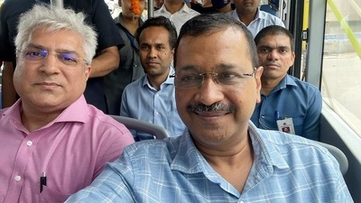 Delhi Chief Minister Arvind Kejriwal with Transport Minister Kailash Gahlot takes a ride in an electric bus after flagging off 150 electric buses, in New Delhi on Tuesday. (Arvind Kejriwal twitter) Delhi Chief Minister Arvind Kejriwal with Transport Minister Kailash Gahlot takes a ride in an electric bus after flagging off 150 electric buses, in New Delhi on Tuesday. (Arvind Kejriwal twitter)