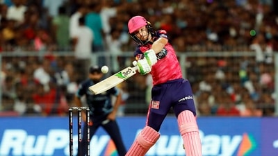 Buttler struggled but finally got going in the death overs, eventually scoring 89 off 56 and leading RR to a score of 188/6 (PTI) Buttler struggled but finally got going in the death overs, eventually scoring 89 off 56 and leading RR to a score of 188/6 (PTI)