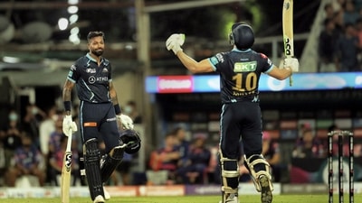 David Miller and Hardik Pandya put up a 106-run stand for the fourth wicket to lead the Titans to a seven-wicket win. (PTI) David Miller and Hardik Pandya put up a 106-run stand for the fourth wicket to lead the Titans to a seven-wicket win. (PTI)