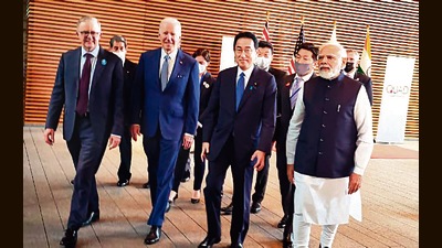 Prime Minister Narendra Modi with Japan PM Fumio Kishida, US President Joe Biden and Australian PM Anthony Albanes, at the Quad Summit in Tokyo on Tuesday. (AFP) Prime Minister Narendra Modi with Japan PM Fumio Kishida, US President Joe Biden and Australian PM Anthony Albanes, at the Quad Summit in Tokyo on Tuesday. (AFP)