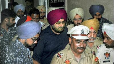 Congress leader Navjot Sidhu comes out after his medical examination at Rajindra Hospital in Patiala on Monday. (PTI) Congress leader Navjot Sidhu comes out after his medical examination at Rajindra Hospital in Patiala on Monday. (PTI)