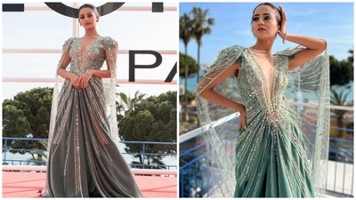 Helly debuted on the Cannes Film Festival red carpet wearing a Ziad Nakad mint green gown. Her pastel-hued ensemble had a plunging neckline, shimmering diamantes on the front and back, and a stunning floor-sweeping train. A see-through sequinned tulle cape attached to the shoulders added an ethereal touch to Helly's look. (Instagram) Helly debuted on the Cannes Film Festival red carpet wearing a Ziad Nakad mint green gown. Her pastel-hued ensemble had a plunging neckline, shimmering diamantes on the front and back, and a stunning floor-sweeping train. A see-through sequinned tulle cape attached to the shoulders added an ethereal touch to Helly's look. (Instagram)