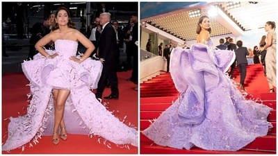 On Day 3 of the Cannes Film Festival, Hina walked the red carpet dressed in a voluminous strapless embroidered gown in a lavender hue, featuring a floor-sweeping train and feather embellishments. She wore the dress with silver heels and debuted a short hairdo on the red carpet. (Instagram)