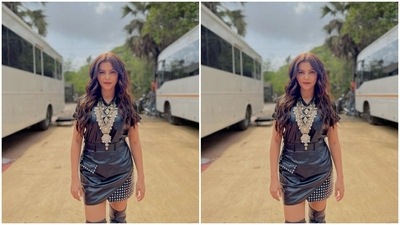 Rubina keeps slaying fashion goals like a diva. A day back, Rubina slayed leather fashion goals in a short black leather dress with collars and a belt detail. She accessorised her look with multiple silver neck chains. (Instagram/@rubinadilaik)