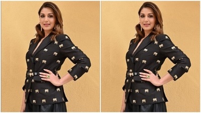 Sonali made her fans drool a few days back in a black co-ord set. Sonali paired a black blazer-style top with golden prints with a black flowy silk skirt. (Instagram/@iamsonalibendre)