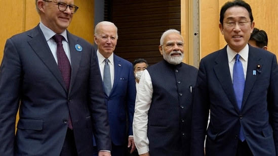 Australian Prime Minister Anthony Albanese, left, US President Joe Biden, Prime Minister Narendra Modi are greeted by Japanese Prime Minister Fumio Kishida, right, during his arrival to the Quad leaders summit at Kantei Palace, Tuesday, in Tokyo.&nbsp;(AP)