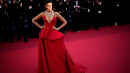 Jury member Deepika Padukone poses for photographers upon arrival at the premiere of the film 'Armageddon Time' at the 75th international film festival, Cannes, southern France.(AP)