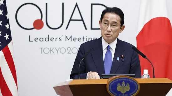 Fumio Kishida, Japan's prime minister, speaks during a news conference following the Quadrilateral Security Dialogue (Quad) leaders meeting at the prime minister's official residence in Tokyo, Japan, on Tuesday.(Bloomberg)