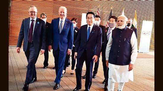 Prime Minister Narendra Modi with Japan PM Fumio Kishida, US President Joe Biden and Australian PM Anthony Albanes, at the Quad Summit in Tokyo on Tuesday. (AFP)