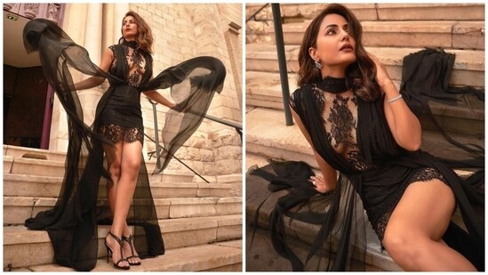 Before walking the Festival de Cannes red carpet, Hina had unveiled two stunning looks from photoshoots done in the French Riviera town. The first set of the pictures showed her striking sensuous poses in a black lace mini dress featuring a long tulle train, a plunging see-through panel on the neckline and intricate lacework.(Instagram)
