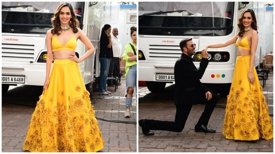 On Monday, the paparazzi clicked Manushi Chhillar and Akshay Kumar stepping out in the bay. The pictures showed the two co-stars posing together for the cameras. At one point, Akshay even got down on a knee to pose with the Miss World 2017 while holding her hands. Keep scrolling to see all the snippets from the promotional event.(HT Photo/Varinder Chawla)