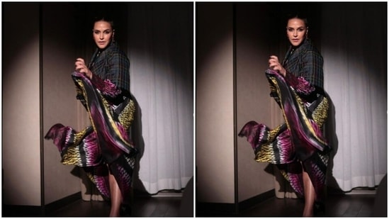 Neha played muse to fashion designer house Amrich and picked a multicoloured kaftan with a shrug.(Instagram/@nehadhupia)